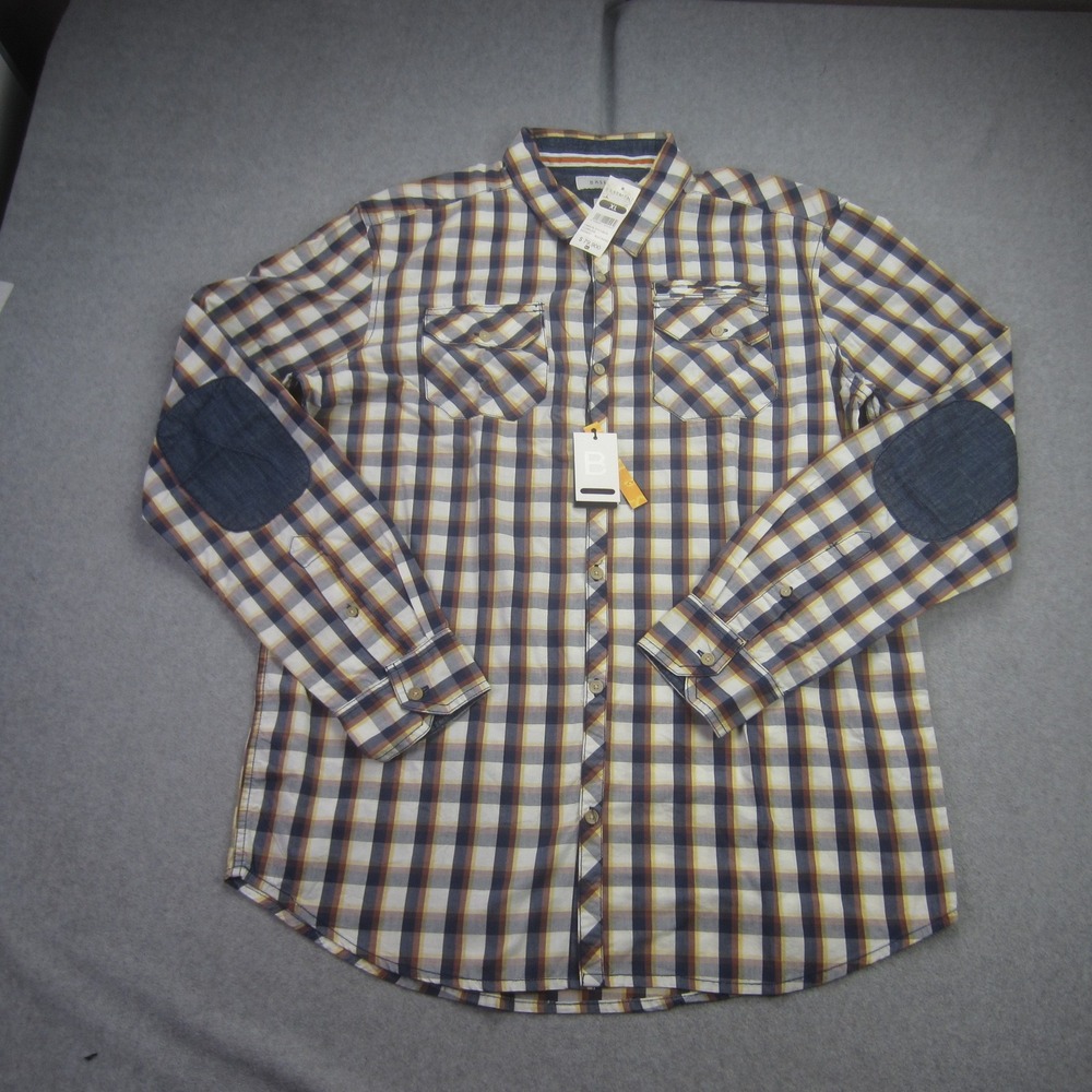Basement Milan Shirt XL Multi Plaid Long Sleeve Button Up Elbow‎ Patches